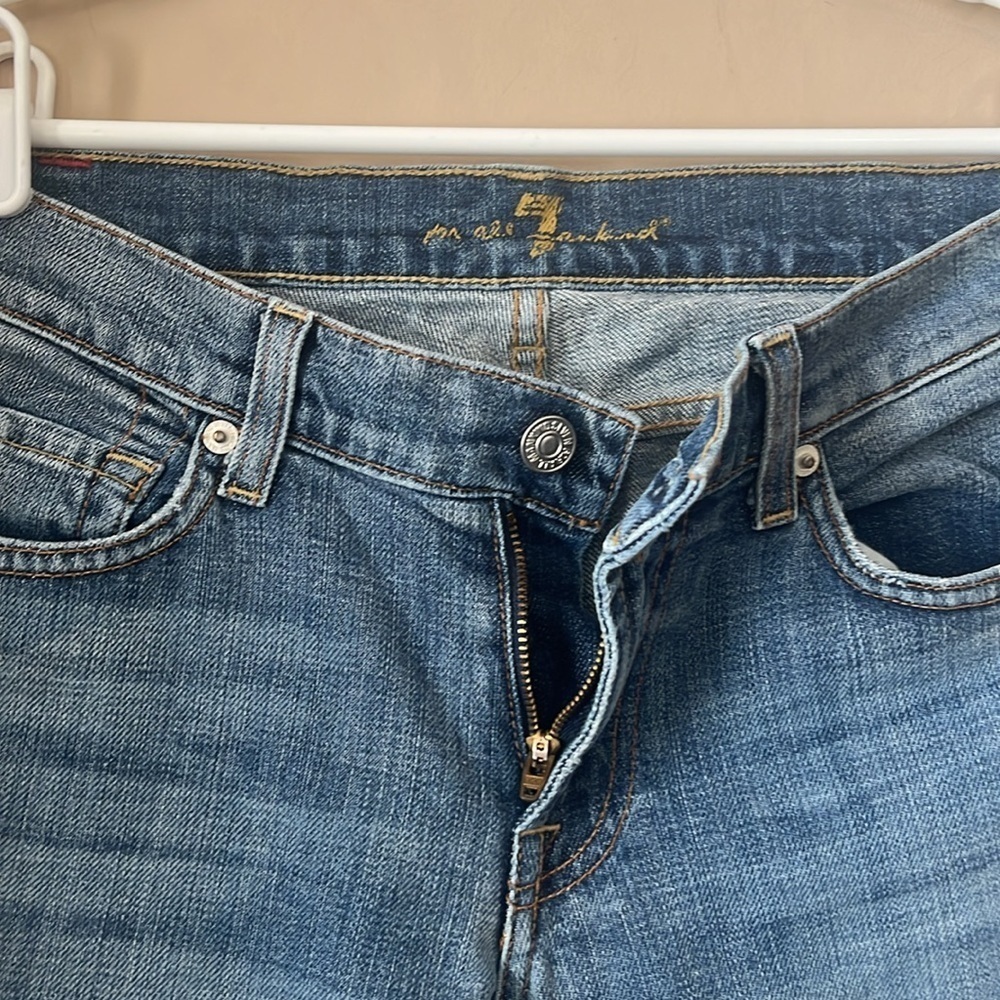 7FAM Blue Distressed Denim Lowrise Bootcut Jean Size 27 Y2K - Picture 4 of 10